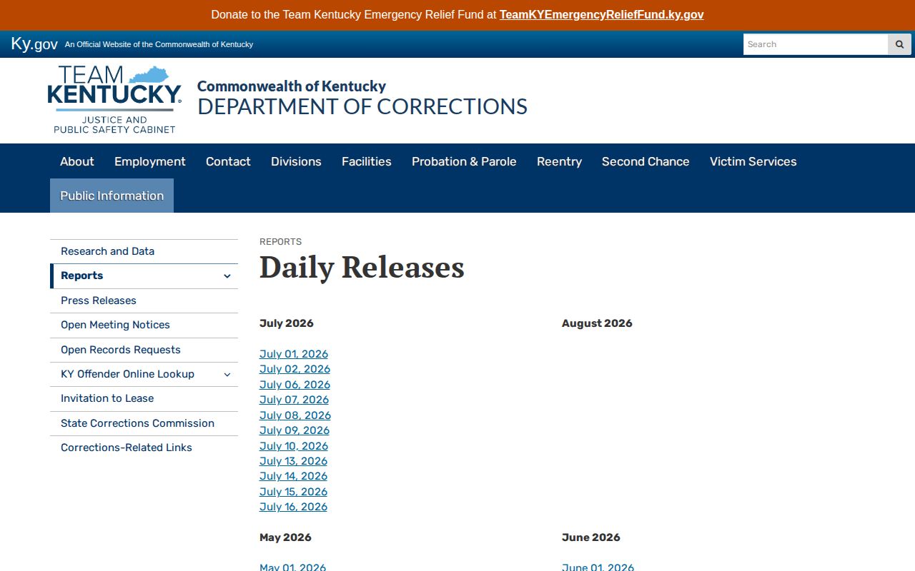 Kentucky Daily Releases archive used for Logan County 72-hour release review